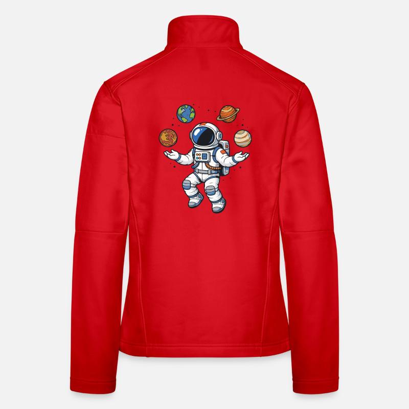 Schwebender Astronaut mit Planeten im Comic Stil Frauen Softshelljacke