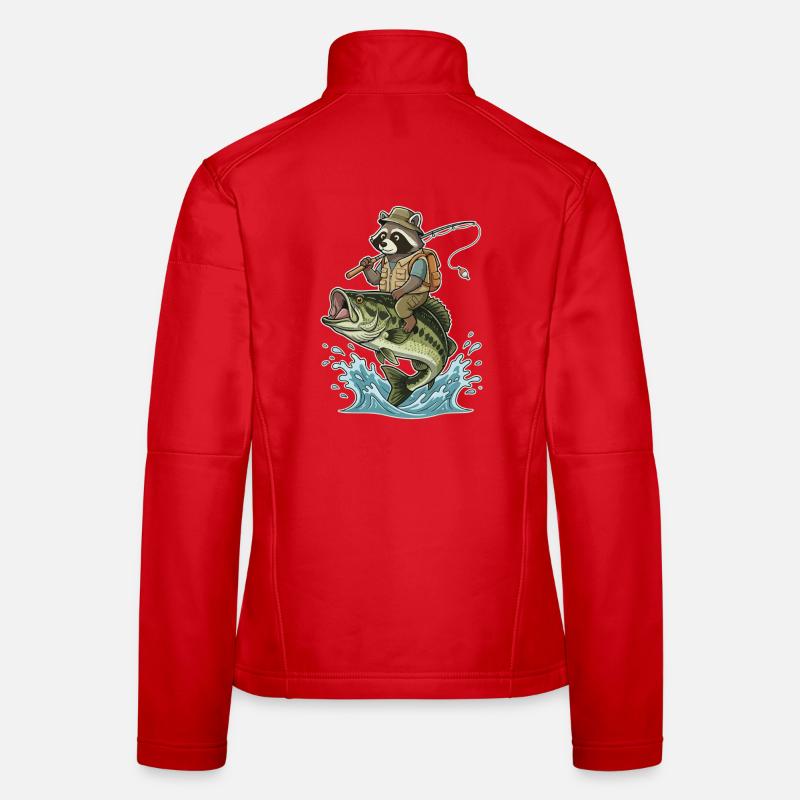 Lustiger Waschbär reitet auf einem Bassfisch Frauen Softshelljacke