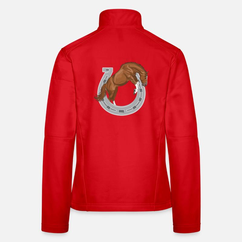 Ein kastanienbraunes Pferd, das durch einen Schuh springt Frauen Softshelljacke