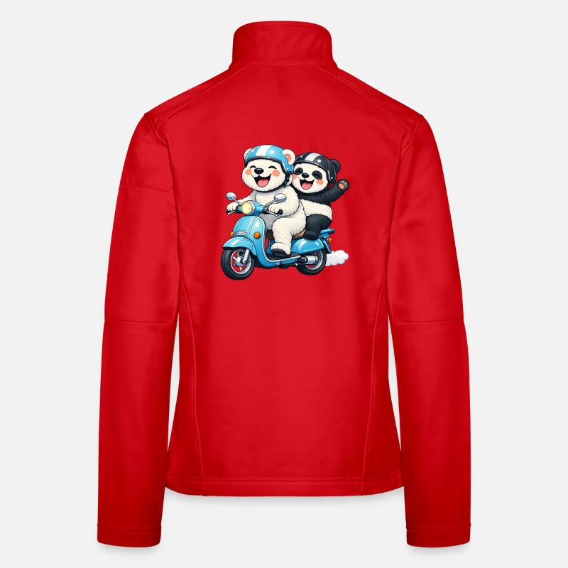 Polar Bear and Panda Bear on a Scooter - Women's Softshell Jacket - red