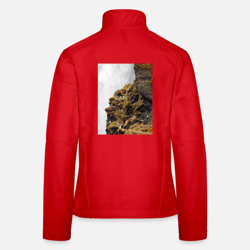 Seevögel, die auf der Klippe nahe dem Wasserfall sitzen, sitzen Frauen Softshelljacke