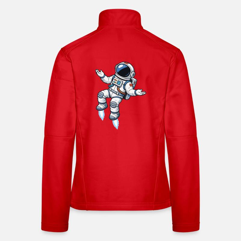 Schwebender Comic Astronaut mit Raketenantrieb Frauen Softshelljacke