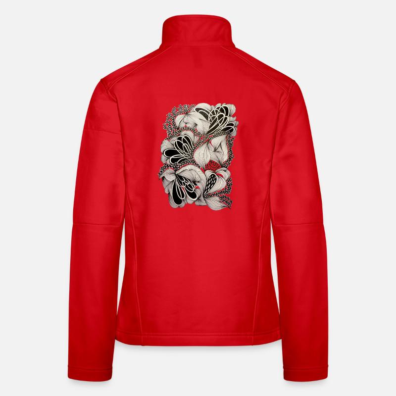 Black and White Floral Doodle Pattern Women's Softshell Jacket