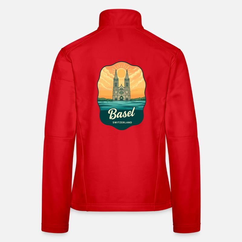 Basel Minster Retro Sonnenuntergangs-Reiseabzeichen - Frauen Softshelljacke - Rot