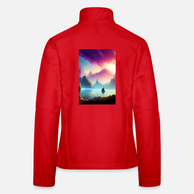 Landschaft mit See, Boot und Berge Frauen Softshelljacke