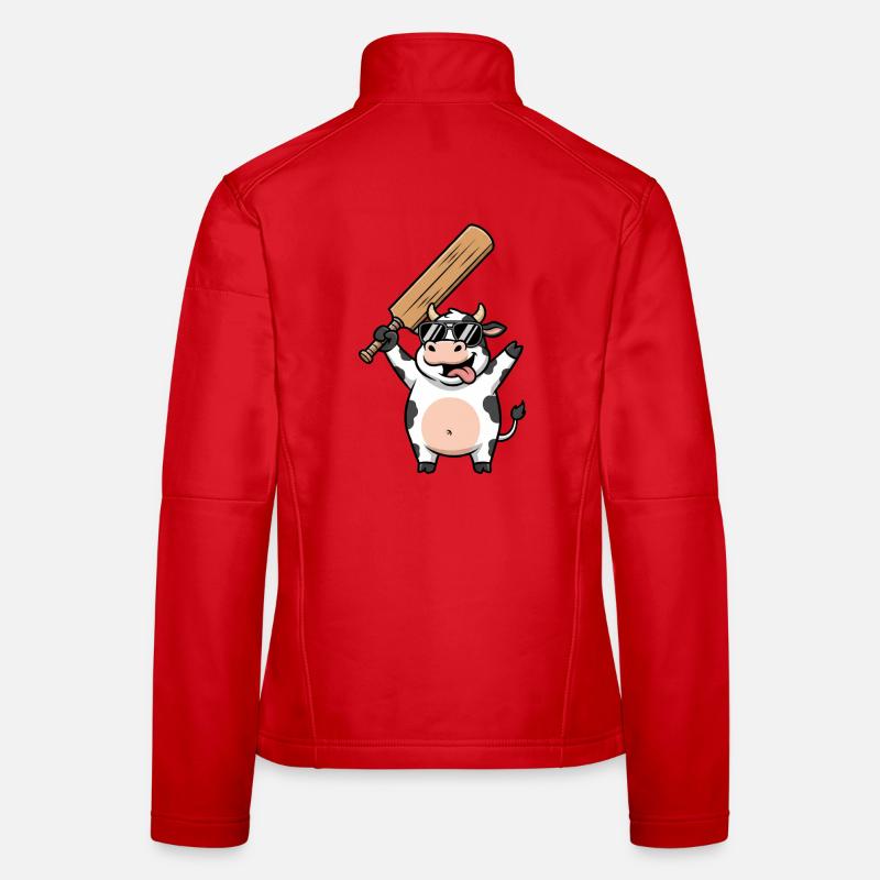 Vache drôle avec batte de cricket dessin animé Veste en tissu softshell Femme