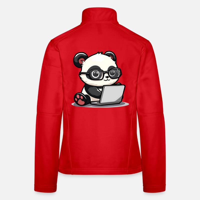 Panda Cartoon Working on Laptop with Glasses - Women's Softshell Jacket - red
