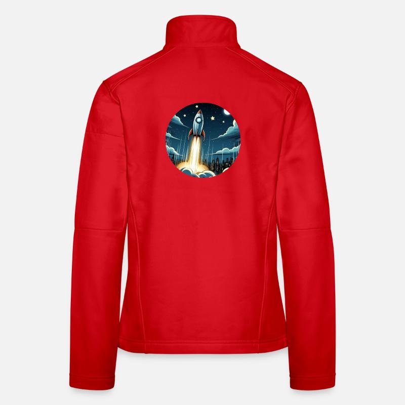 Cartoon rocket launches into space Women's Softshell Jacket