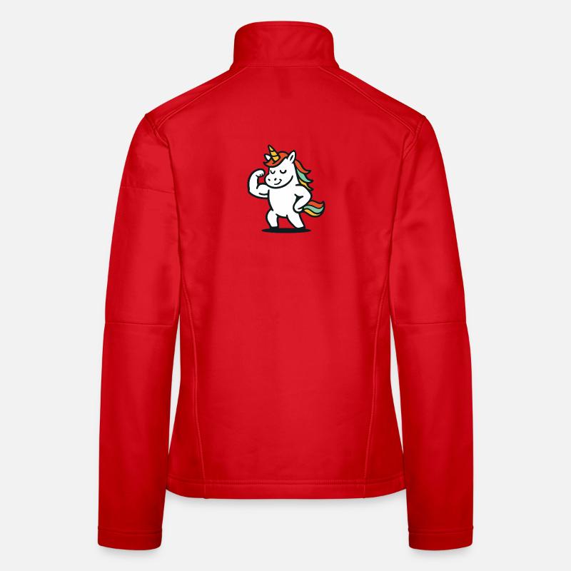 Niedliches flexendes Einhorn mit buntem Mähnen-Maskottchen Frauen Softshelljacke