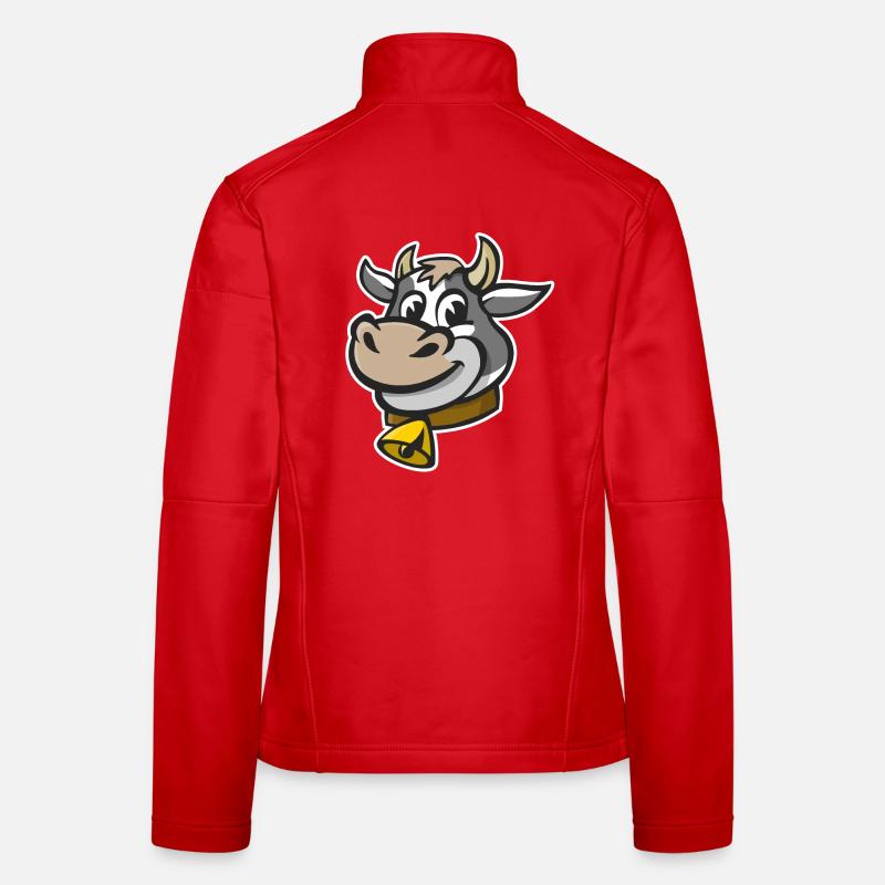 Fröhliche Illustration eines Kuhkopfes. Frauen Softshelljacke