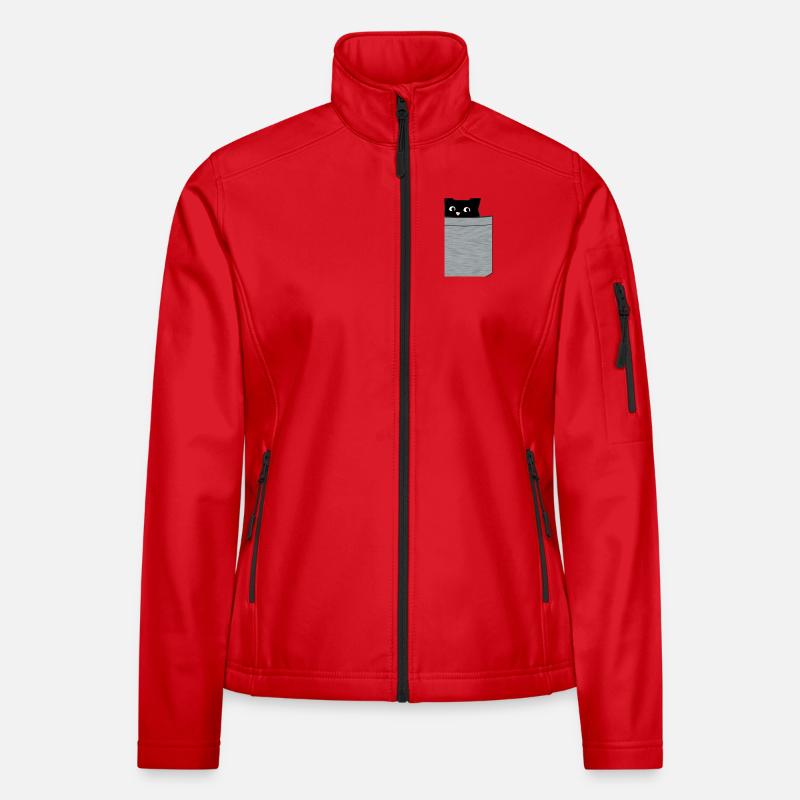 Schwarzes Kätzchen in Brusttasche - Frauen Softshelljacke - Rot