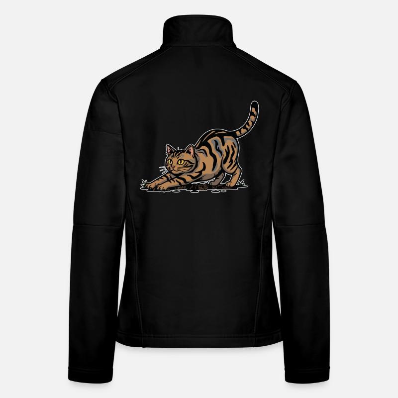 Brown Tabby Cat Stretching Dynamic Portrait Women's Softshell Jacket