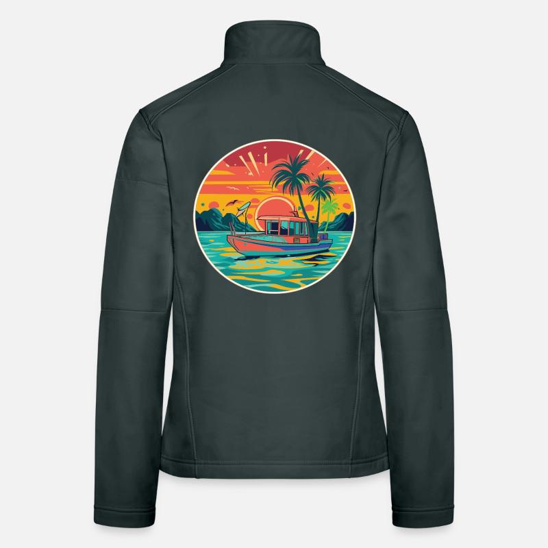 Retro Boot Sonnenuntergang Tropen Frauen Softshelljacke
