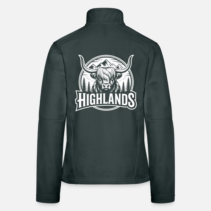 Highland-Kuh vor Berglandschaft Frauen Softshelljacke