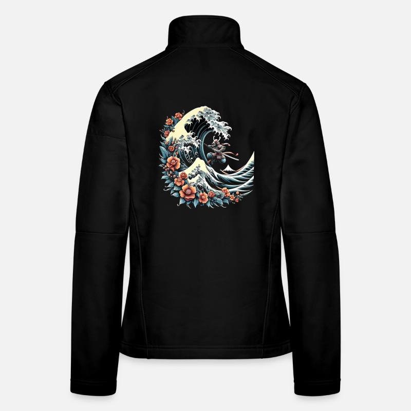 grande vague de Kanagawa avec des fleurs et des samouraïs Veste en tissu softshell Femme
