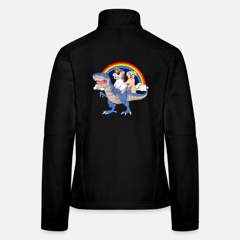 Rainbow Unicorn and golden retriever Ride dinosaur Women's Softshell Jacket
