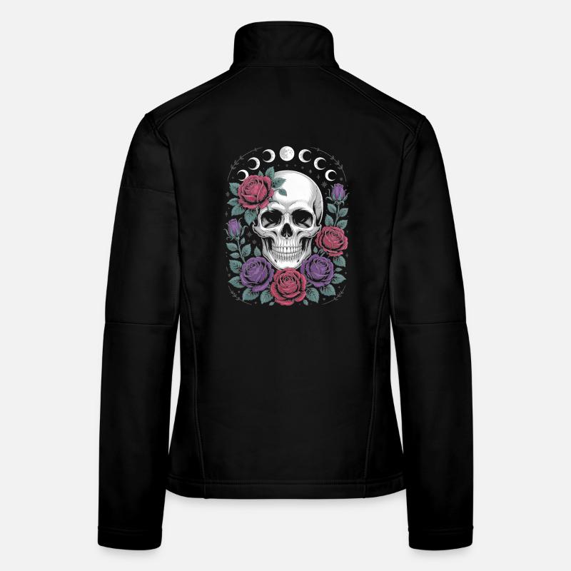 Crâne gothique avec phases de lune et motifs de roses Veste en tissu softshell Femme