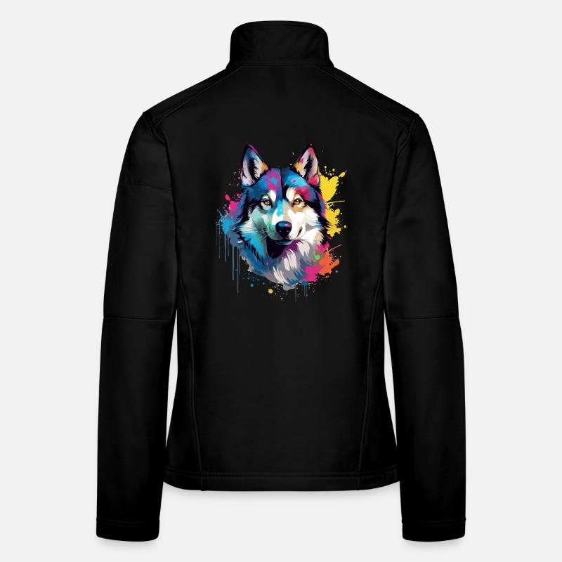 Art coloré éclaboussé de Husky de chien Veste en tissu softshell Femme