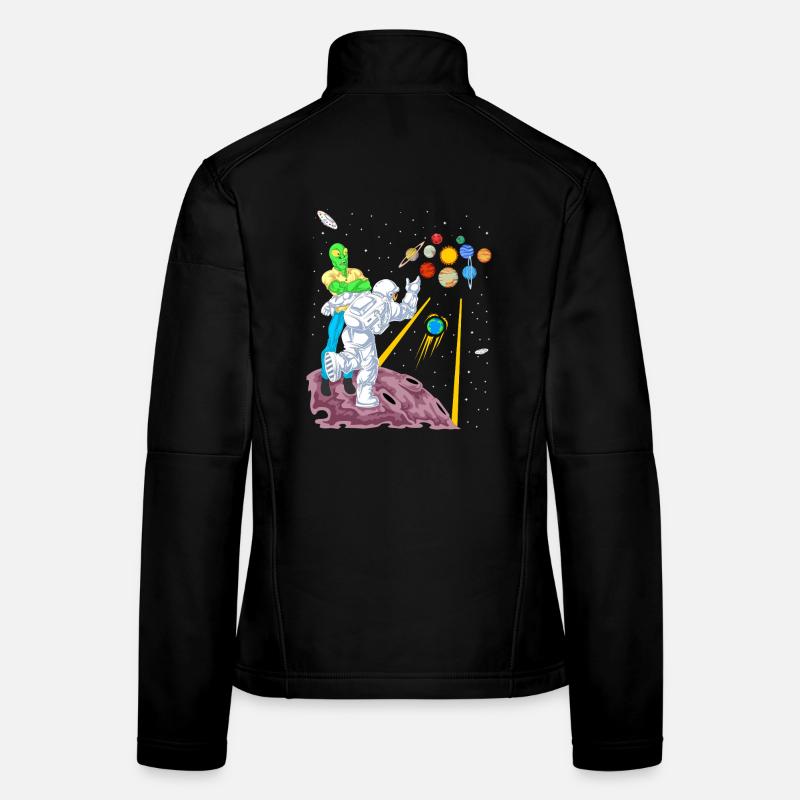 Astronaut and Alien Bowling in Space Galaxy Game Women's Softshell Jacket