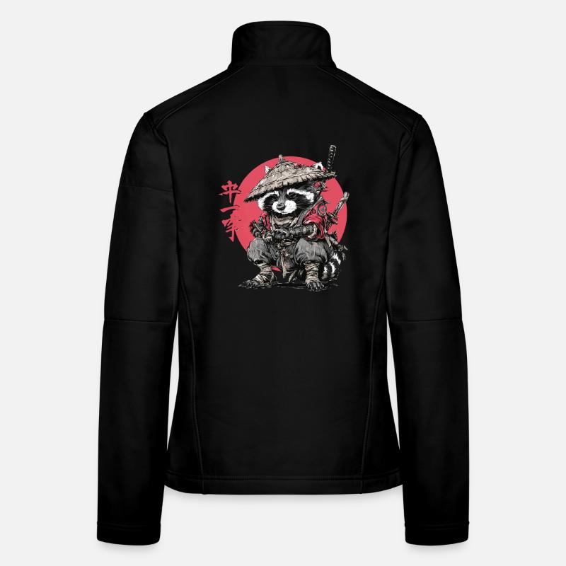 Raccoon Samurai in Red Circle - Women's Softshell Jacket - black