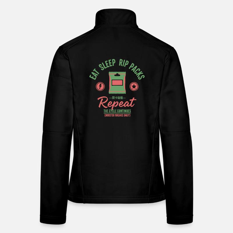 Eat Sleep Rip Packs Repeat trading card Women's Softshell Jacket