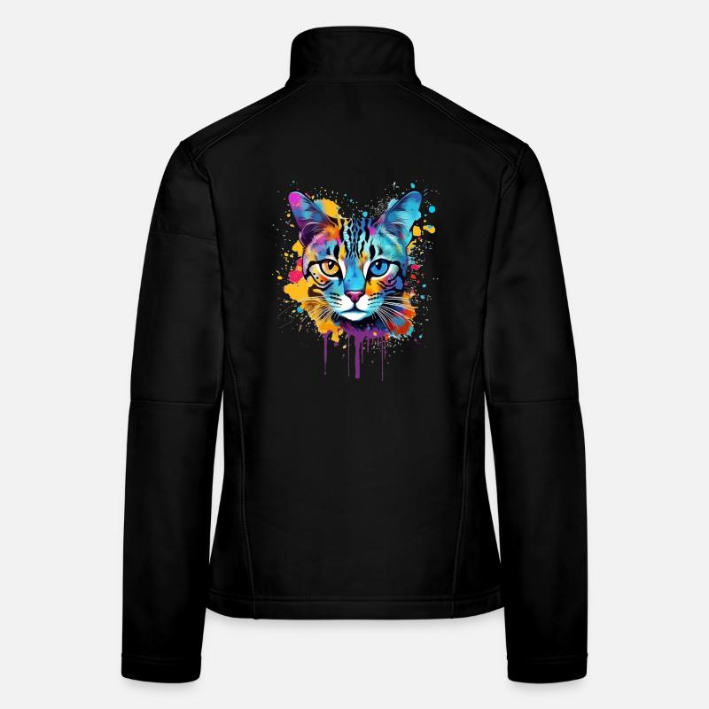 Visage de chat Mau égyptien avec des éclaboussures colorées Veste en tissu softshell Femme
