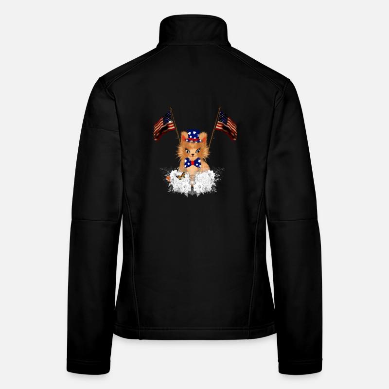 Cute kitten with flag and American flag - Women's Softshell Jacket - black