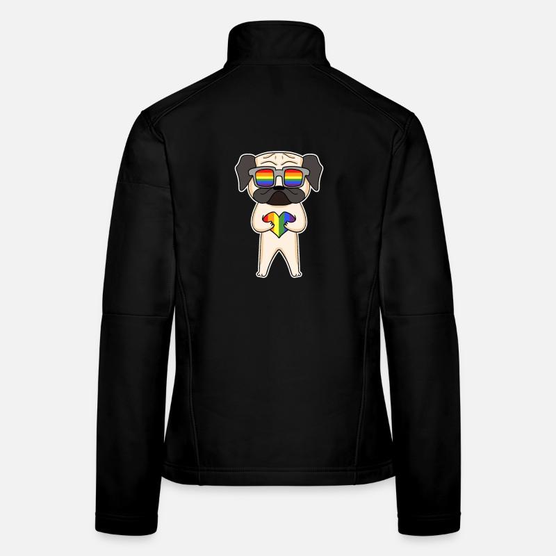 Regenbogen - Hund Mops mit Brille und Herz Frauen Softshelljacke