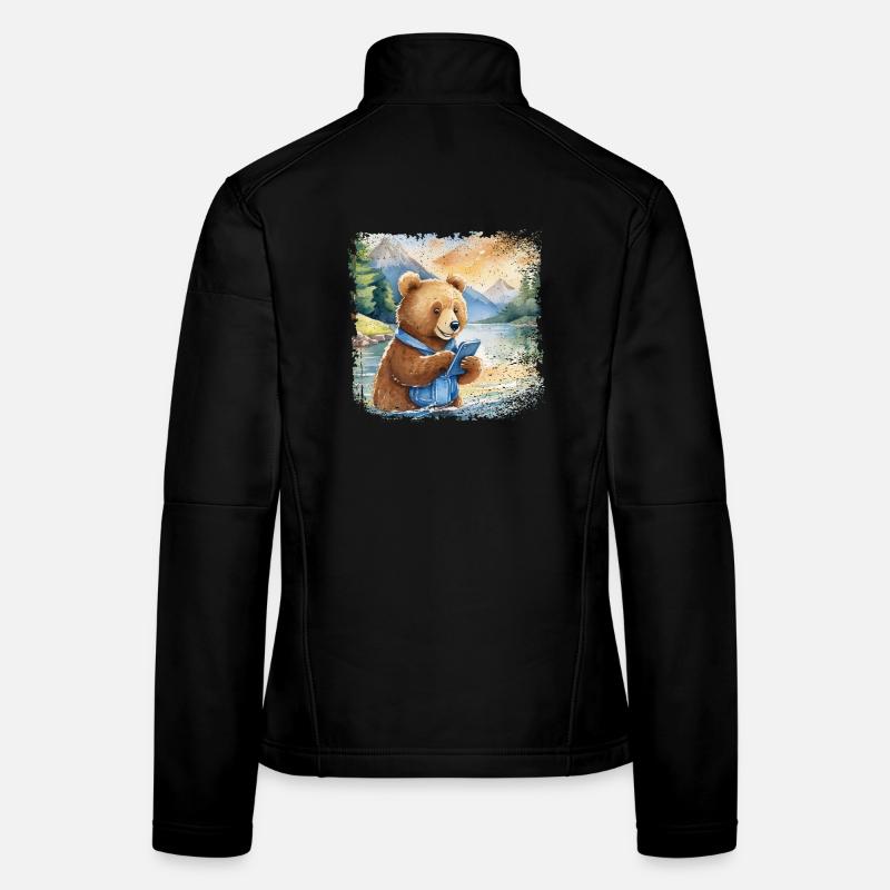 Cute young brown bear with mobile phone Women's Softshell Jacket