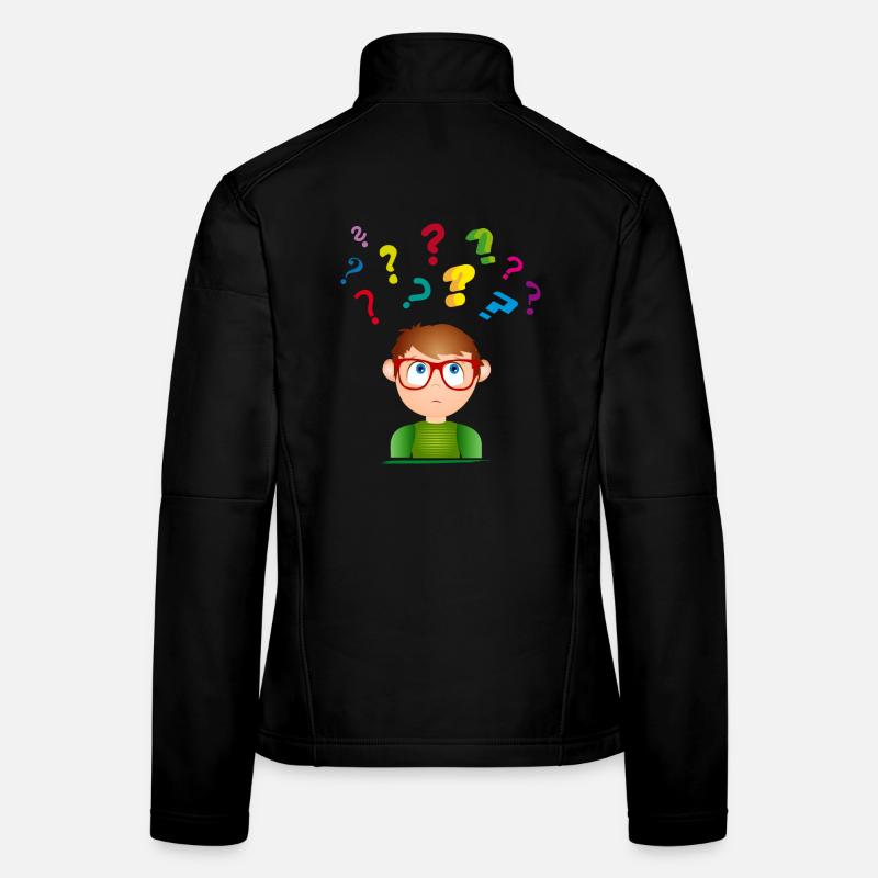 Boy with glasses with many colorful question marks Women's Softshell Jacket