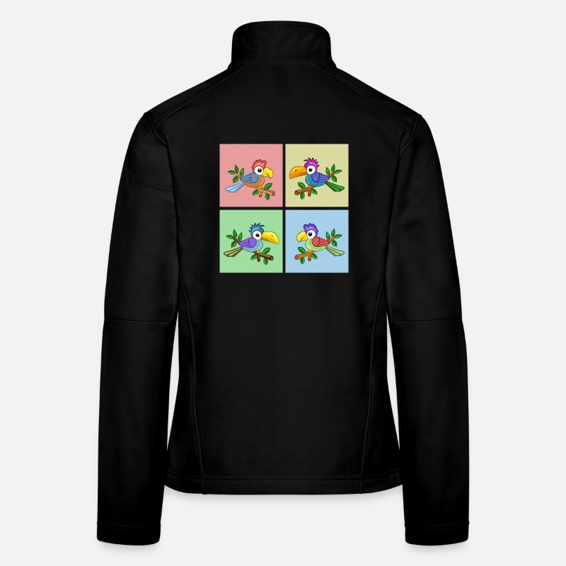 Quatre perroquets colorés de différentes couleurs Veste en tissu softshell Femme