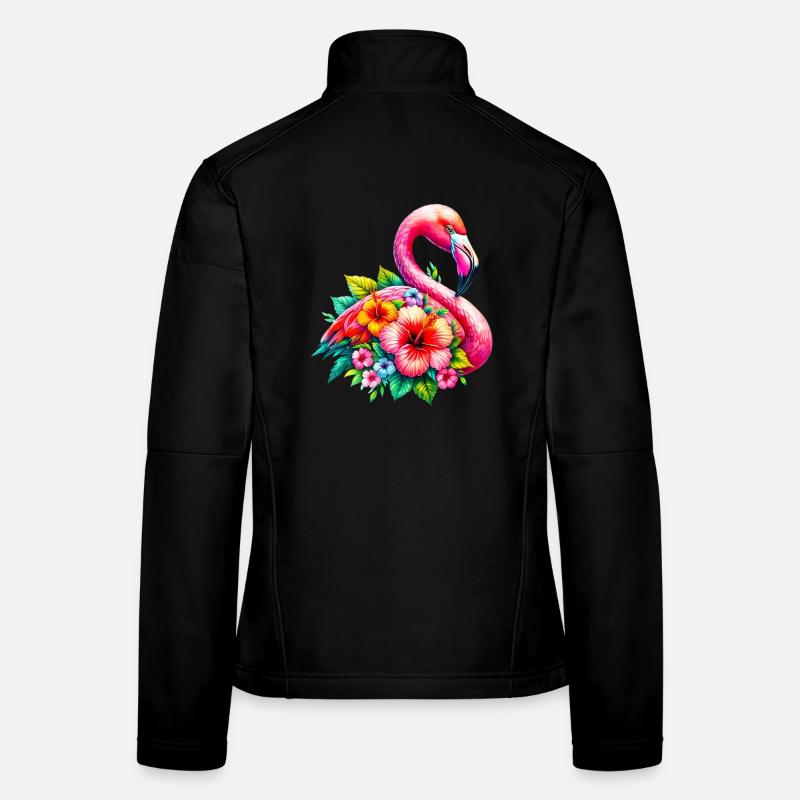 Flamant rose décoré de fleurs d’hibiscus Veste en tissu softshell Femme