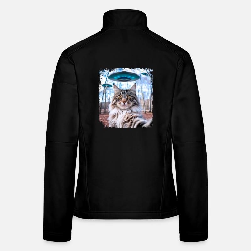 Weird Funny Main Coon Cat Selfie with Alien UFOs. Women's Softshell Jacket
