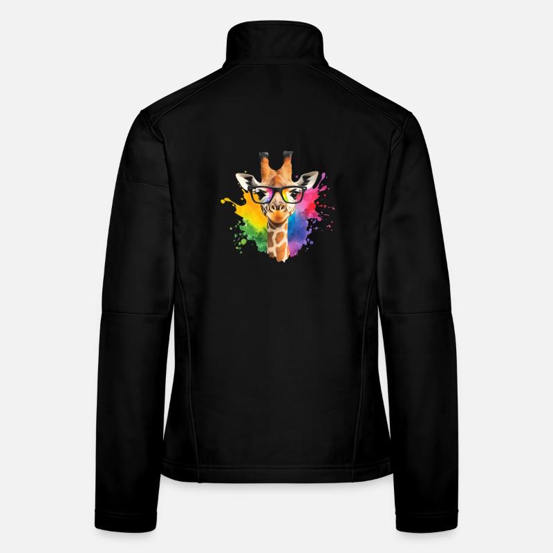 Colorful Giraffe with Glasses and Rainbow Splash - Women's Softshell Jacket - black