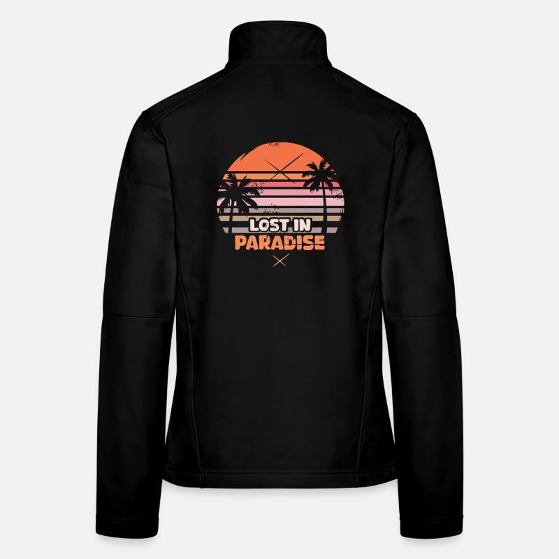 Lost in Paradise – Retro Palm Trees Sunset Logo Women's Softshell Jacket