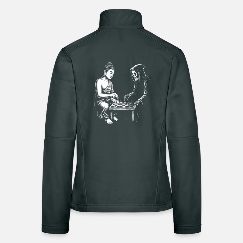Buddha is playing Chess Duel with skeleton Women's Softshell Jacket