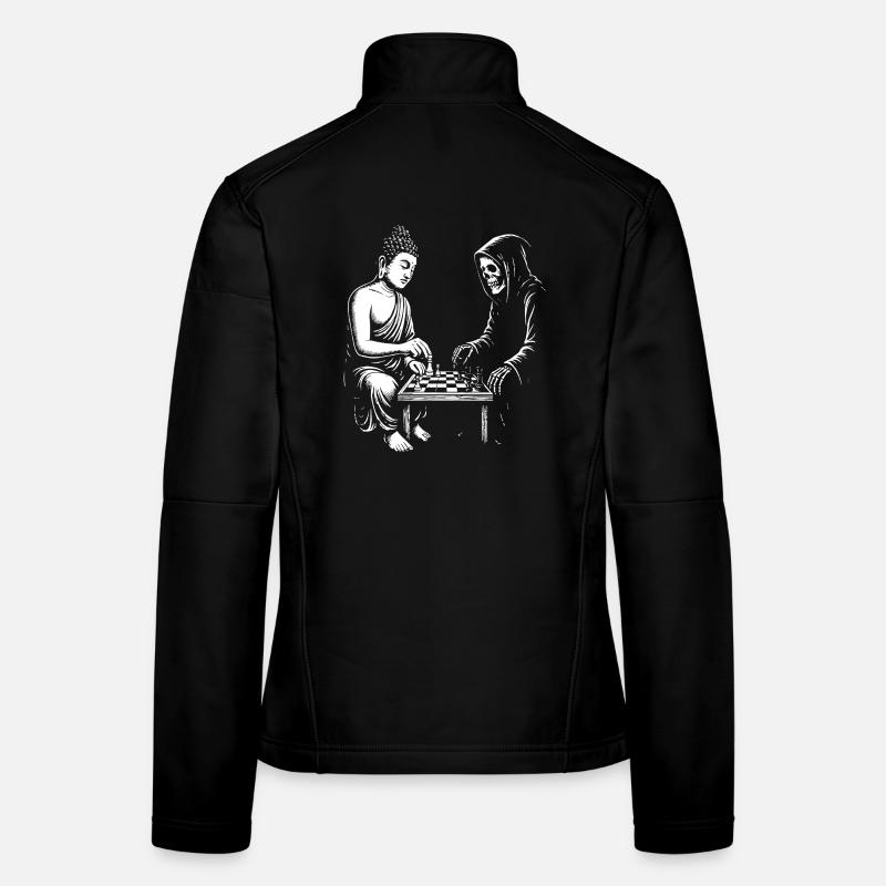 Buddha is playing Chess Duel with skeleton Women's Softshell Jacket