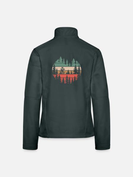 Retro Wald Natur Silhouette Bäume Motiv Wandern - Frauen Softshelljacke - Schwarz - Hinten