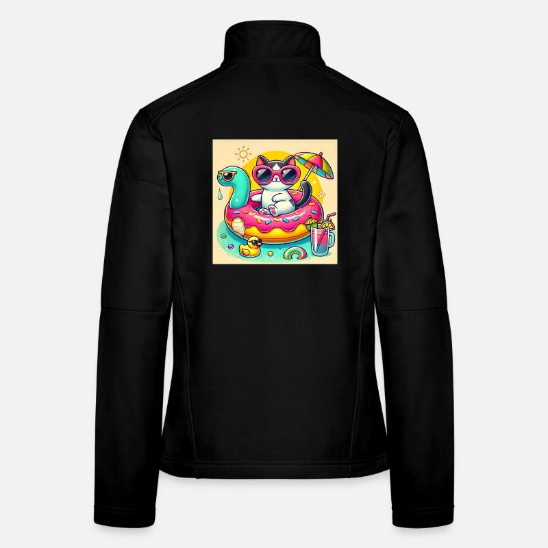 Süße Katze auf bunter Poolboje Frauen Softshelljacke