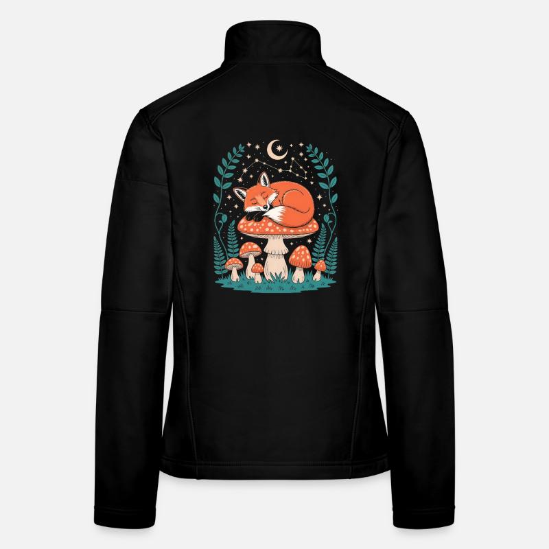 Schlafender Fuchs auf Pilz unter Sternenhimmel - Frauen Softshelljacke - Schwarz