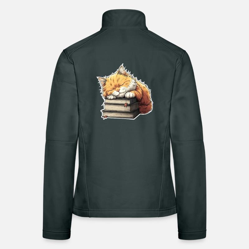 Cute Cat Sleeping on Book Pile Women's Softshell Jacket