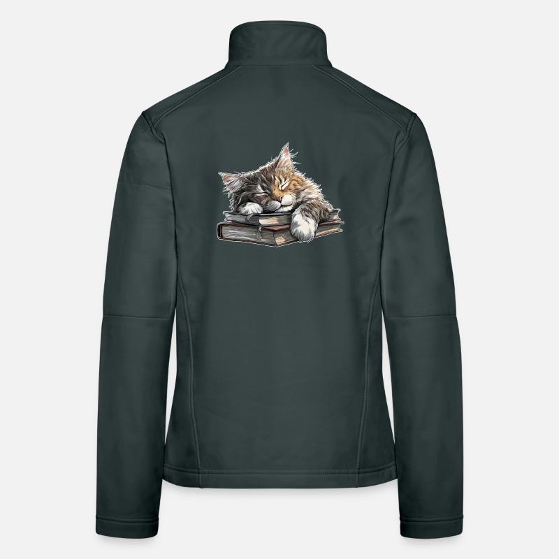 Cute Cat Sleeping on Book Pile Women's Softshell Jacket
