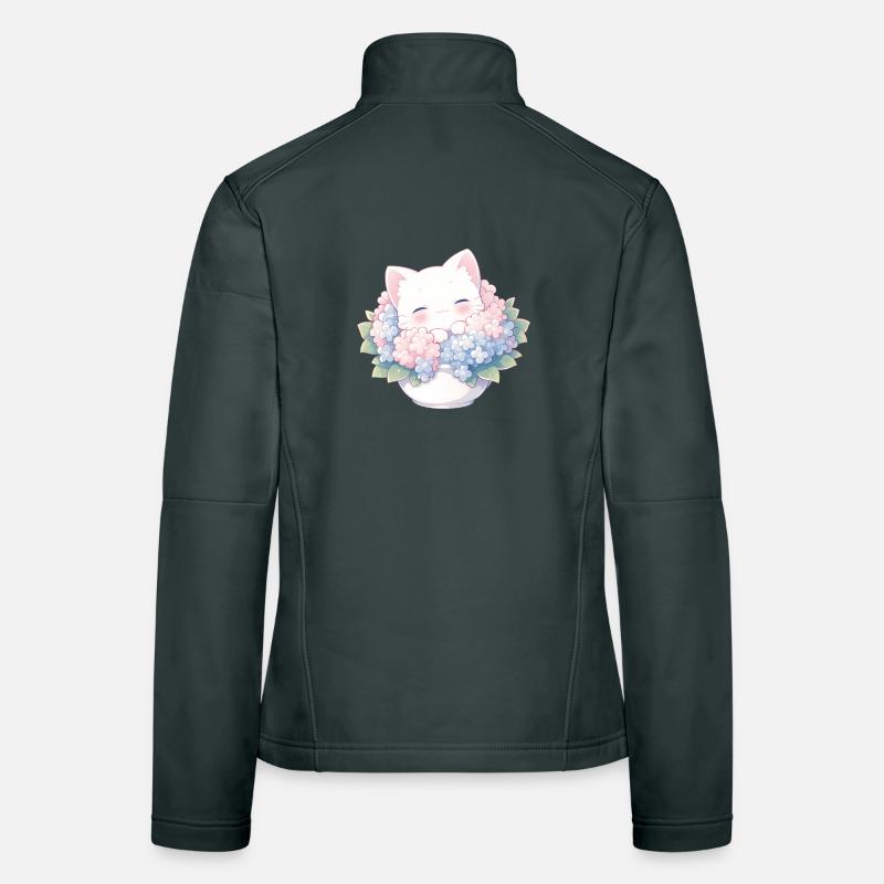 Cute White Cat in Hydrangeas – Kawaii Design Women's Softshell Jacket