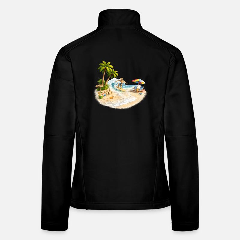 Surfer am Strand mit Palmen und Welle   Frauen Softshelljacke