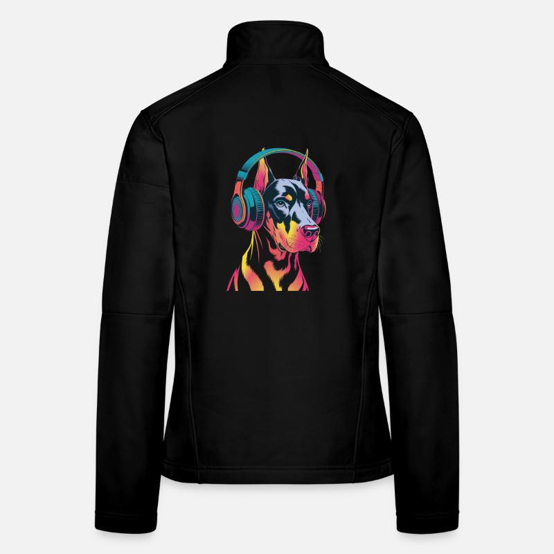 Dobermann mit Kopfhörern Frauen Softshelljacke