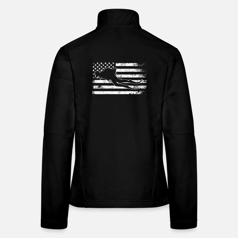 Silhouette de surf sur le drapeau américain usé par le temps Veste en tissu softshell Femme