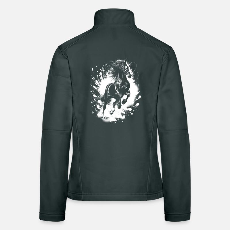Schwarzes Pferd im Sprung mit Farbklecksen Frauen Softshelljacke