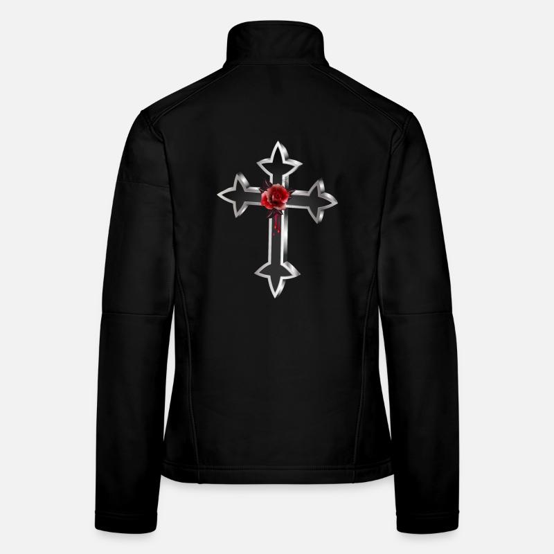 black silver gothic cross with red rose Women's Softshell Jacket