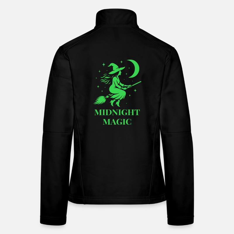 Flying witch at night with moon in green Women's Softshell Jacket