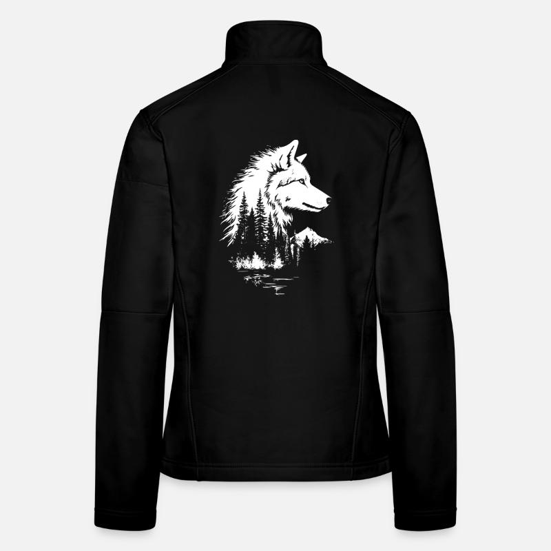 Wolf face forest silhouette in black and white style Women's Softshell Jacket